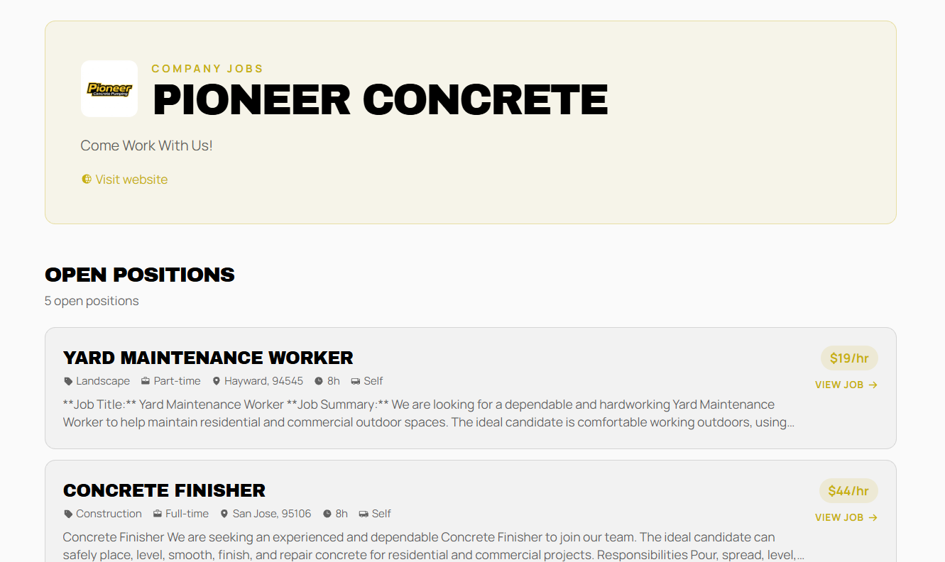 Example ChambaNOW company Jobs page for Pioneer Concrete showing logo, company name, welcome message, website link, and open positions