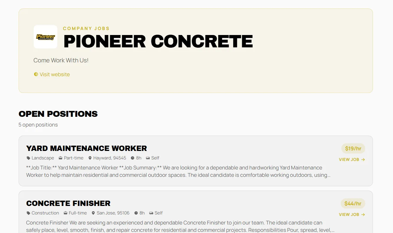 Example ChambaNOW company Jobs page for Pioneer Concrete showing logo, company name, welcome message, website link, and open positions
